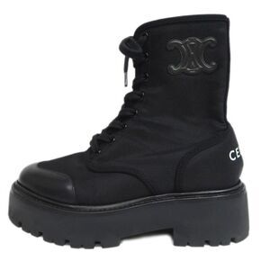 Celine Balkis Lace Up Boots Size 38 Black Nylon Leather Women's Shoes